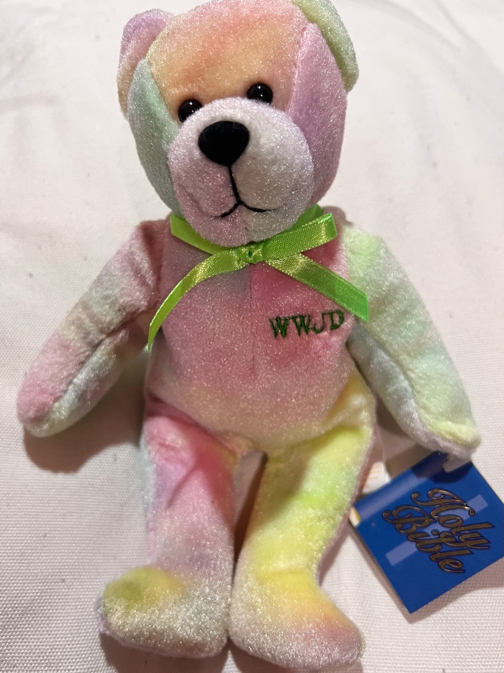 Holy Bears WWJD Pastel Tie-Dye Plush Bear with Green Bow